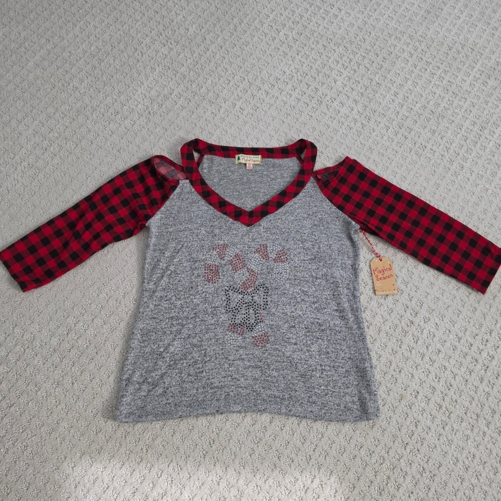 Womens Christmas Top Petite Small Gray Plaid Cold Shoulder Rhinestone NWT